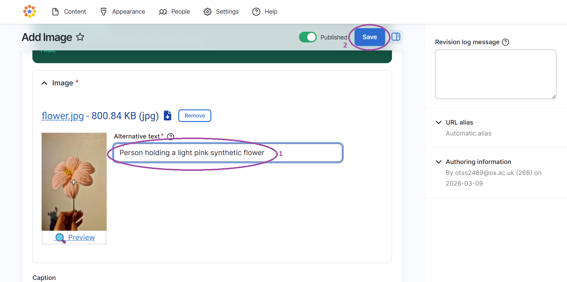 Uploading new images and changing image dimensions instructions